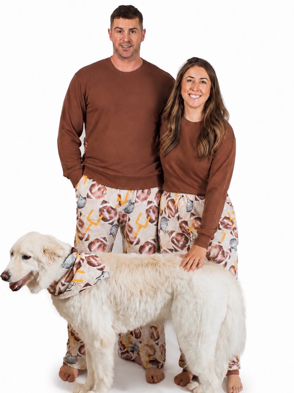 NWT Burt’s Bees Football Family Pajamas Set - Men M + Women S + Dog Bandana